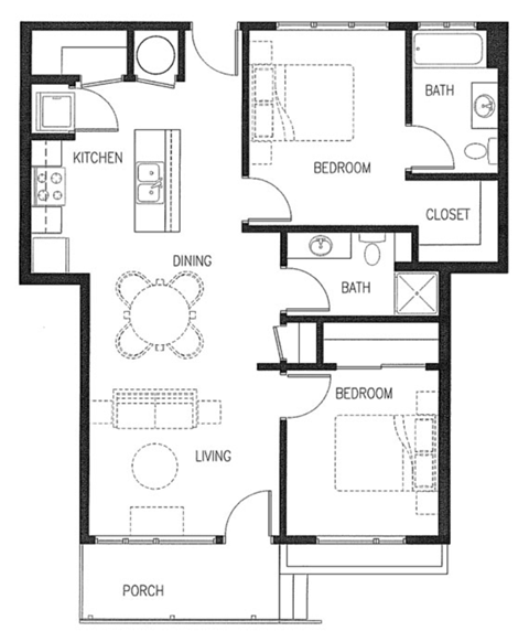 Floor plan for 2 beds, 2 baths, 963 sqft